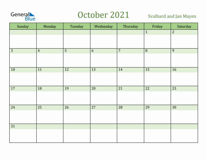 October 2021 Calendar with Svalbard and Jan Mayen Holidays