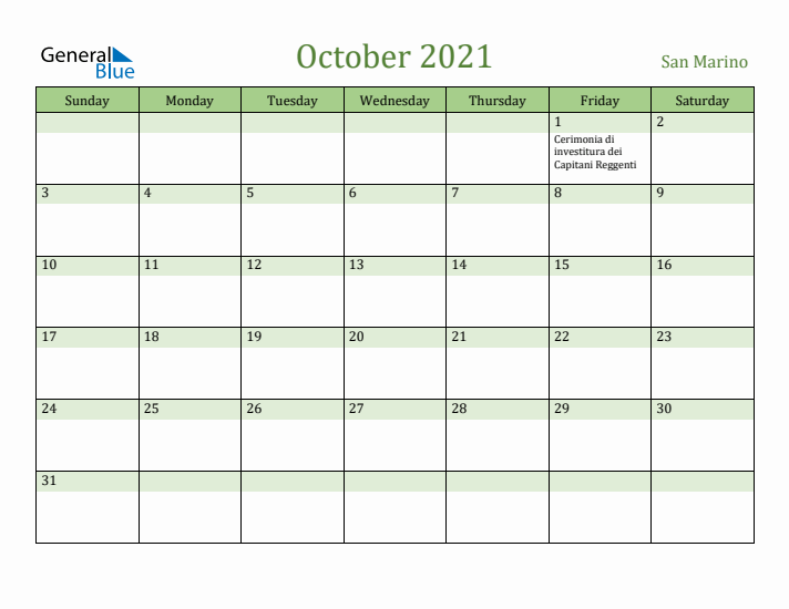 October 2021 Calendar with San Marino Holidays