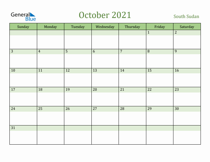 October 2021 Calendar with South Sudan Holidays