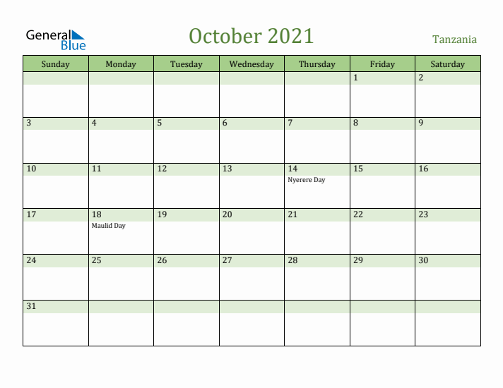 October 2021 Calendar with Tanzania Holidays