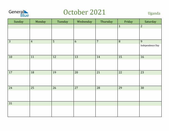 October 2021 Calendar with Uganda Holidays