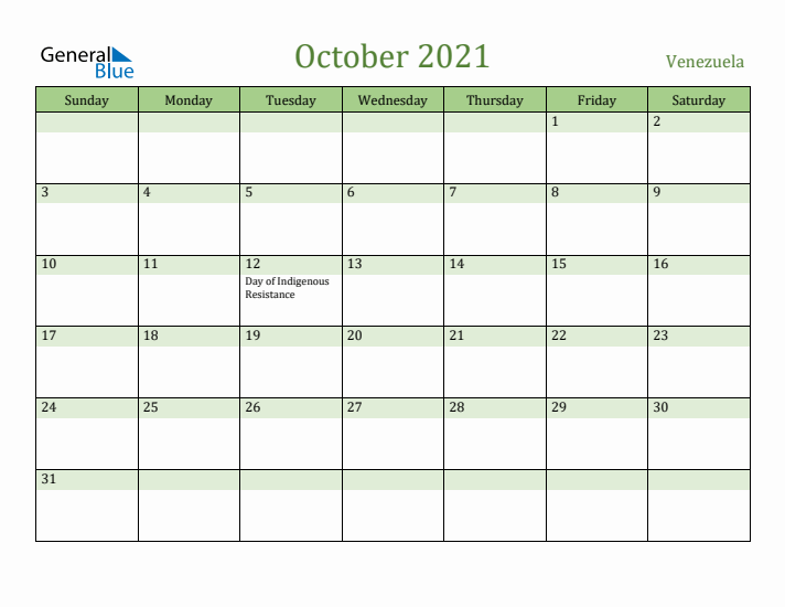 October 2021 Calendar with Venezuela Holidays