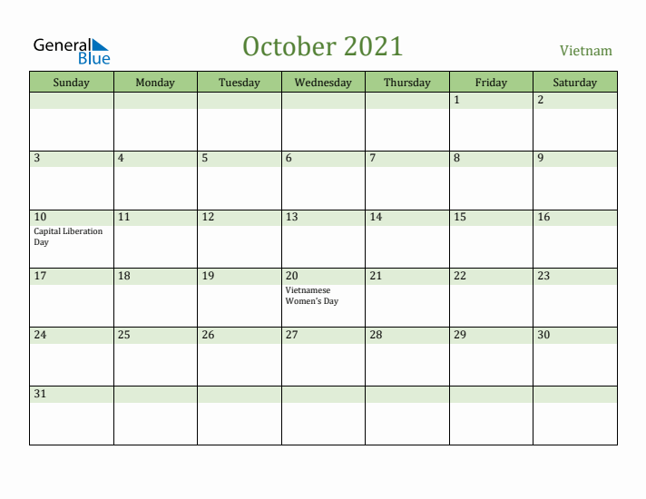 October 2021 Calendar with Vietnam Holidays