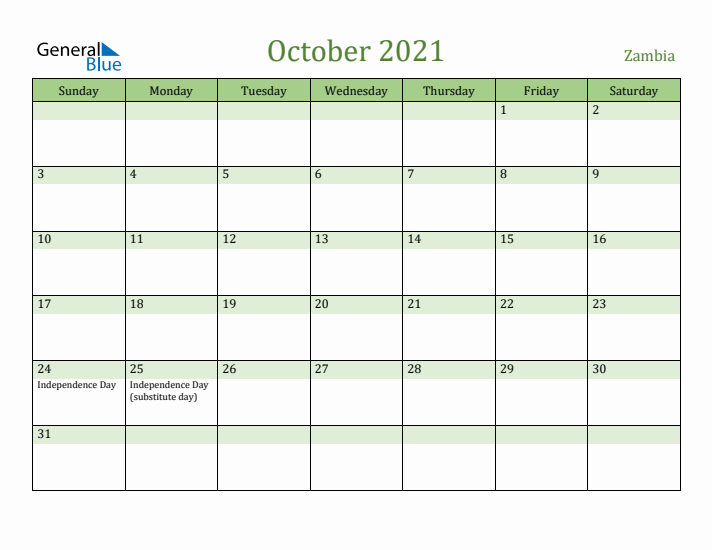 October 2021 Calendar with Zambia Holidays