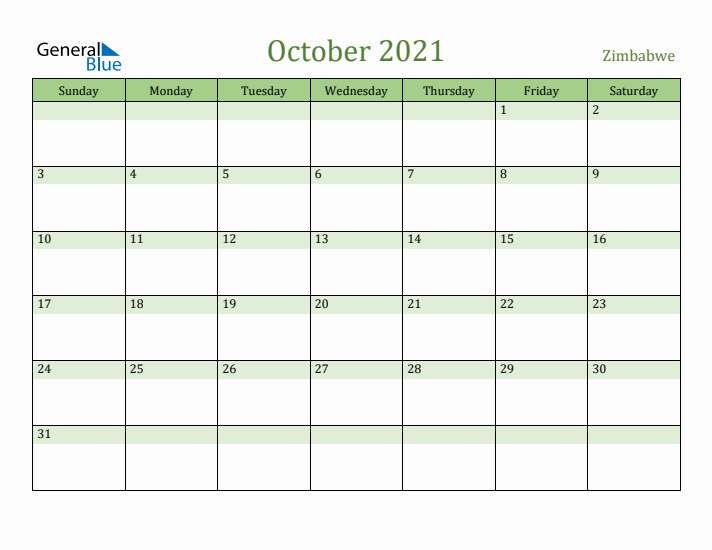 October 2021 Calendar with Zimbabwe Holidays