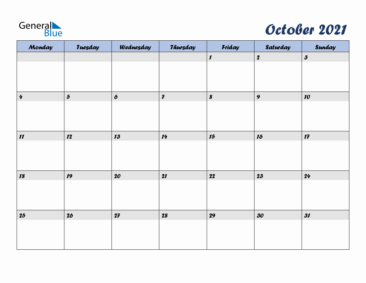 Free October 2021 Monthly Editable Calendar, starting on Monday