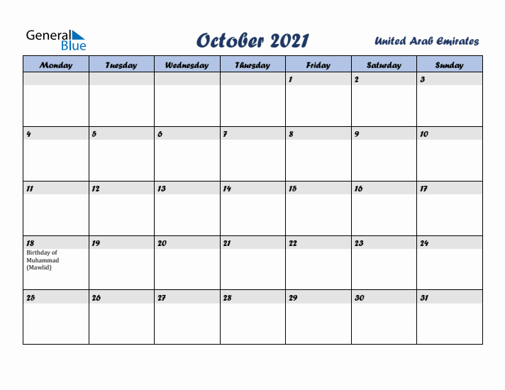 October 2021 Calendar with Holidays in United Arab Emirates