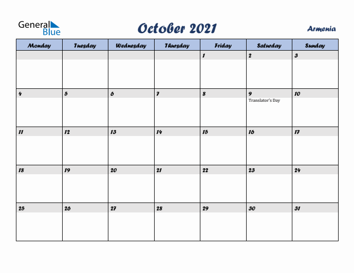 October 2021 Calendar with Holidays in Armenia