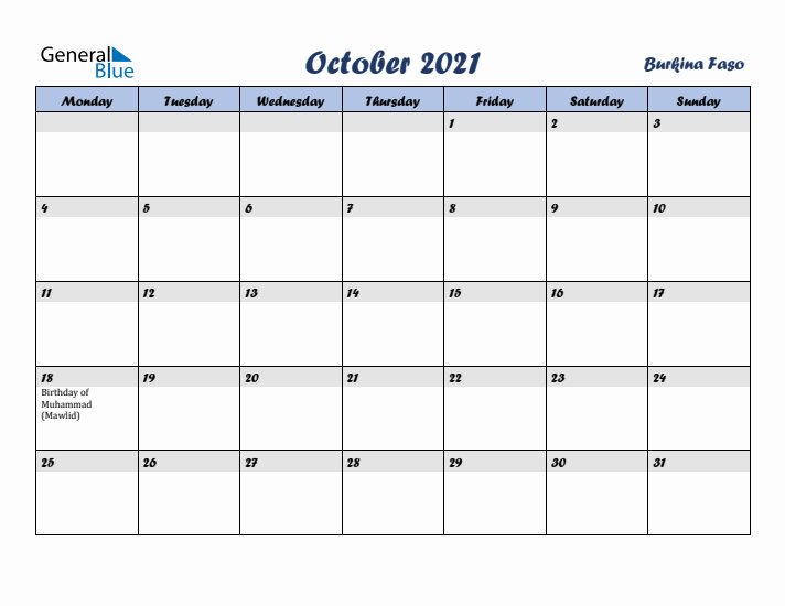 October 2021 Calendar with Holidays in Burkina Faso