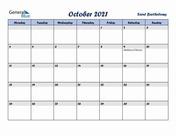 October 2021 Calendar with Holidays in Saint Barthelemy