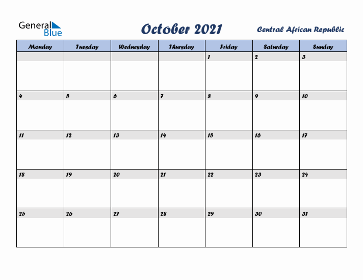 October 2021 Calendar with Holidays in Central African Republic