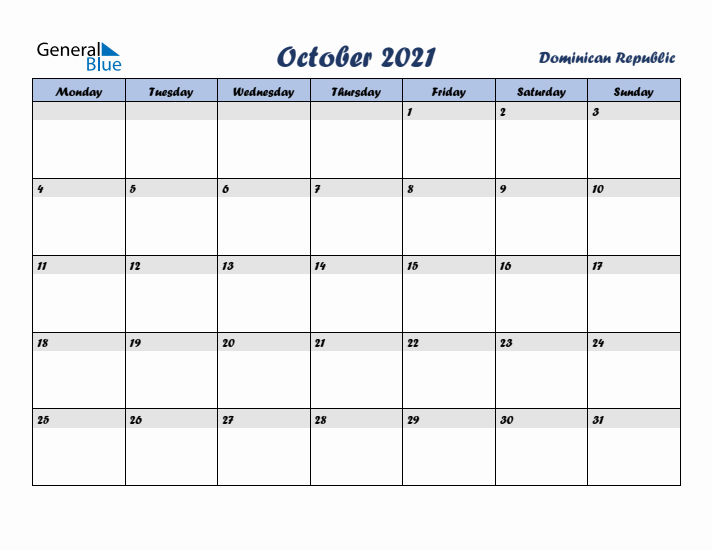 October 2021 Calendar with Holidays in Dominican Republic