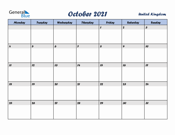 October 2021 Calendar with Holidays in United Kingdom