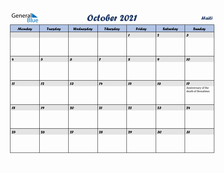 October 2021 Calendar with Holidays in Haiti