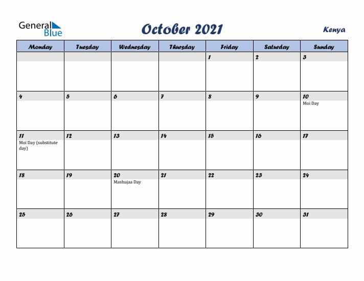 October 2021 Calendar with Holidays in Kenya