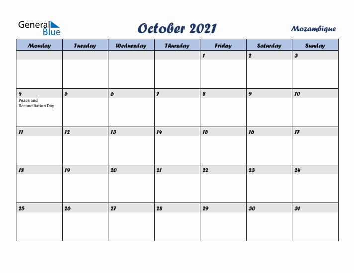 October 2021 Calendar with Holidays in Mozambique