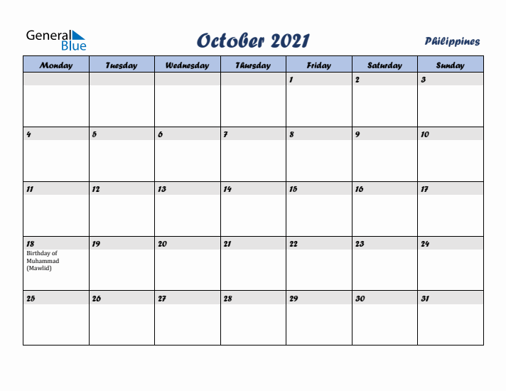 October 2021 Calendar with Holidays in Philippines
