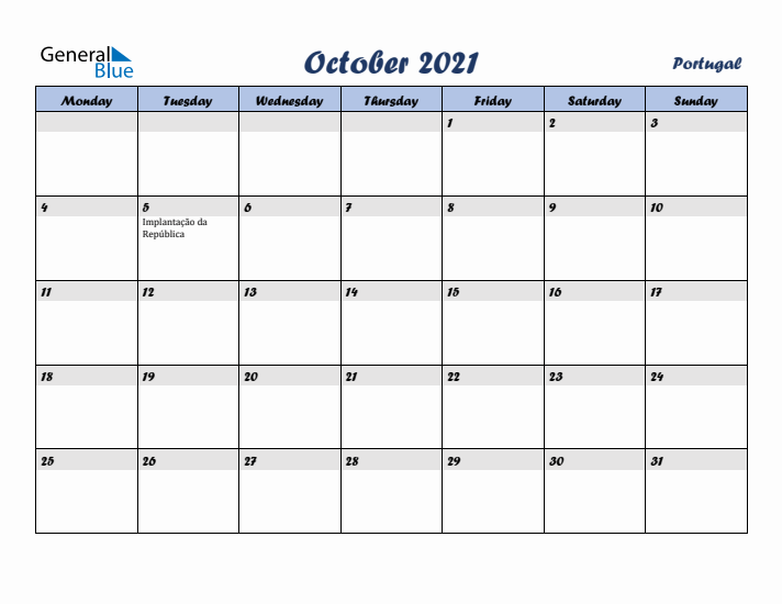 October 2021 Calendar with Holidays in Portugal