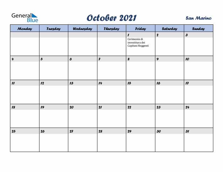 October 2021 Calendar with Holidays in San Marino