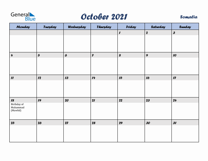 October 2021 Calendar with Holidays in Somalia