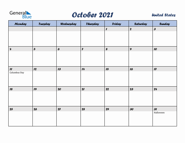October 2021 Calendar with Holidays in United States