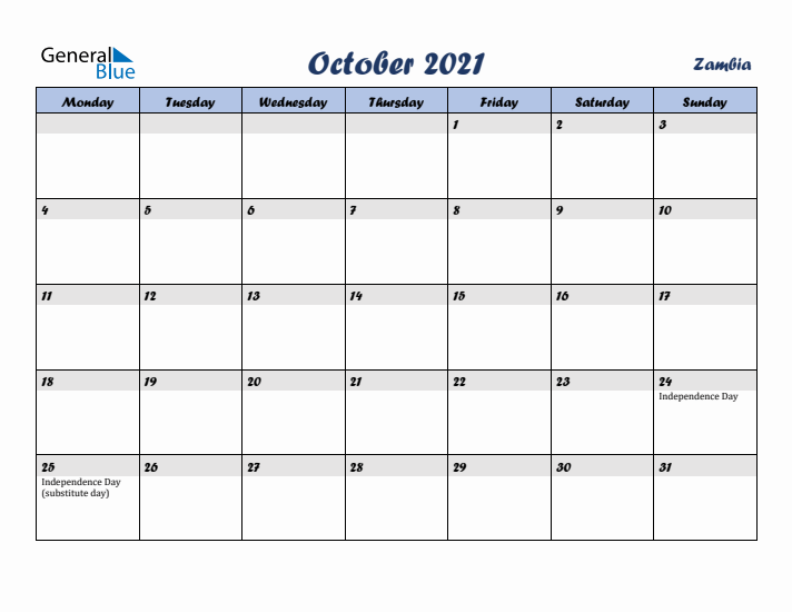 October 2021 Calendar with Holidays in Zambia