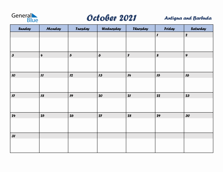 October 2021 Calendar with Holidays in Antigua and Barbuda