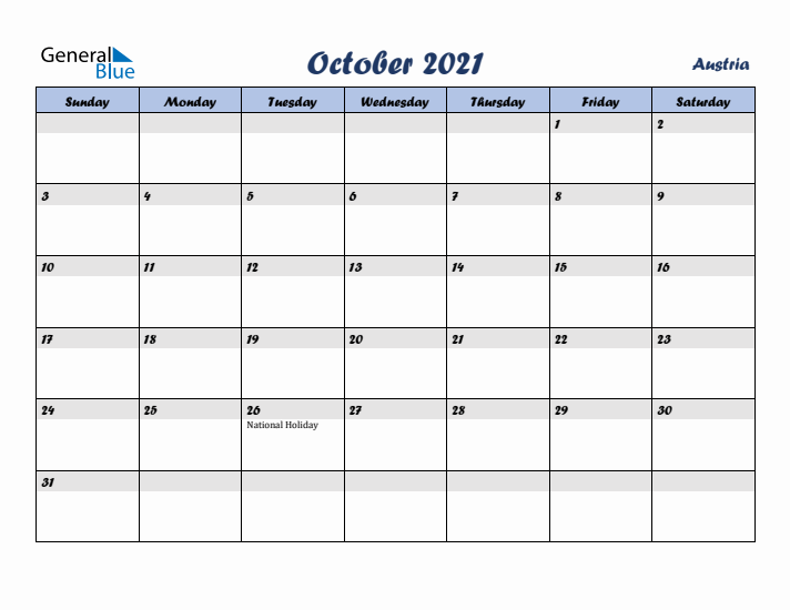 October 2021 Calendar with Holidays in Austria