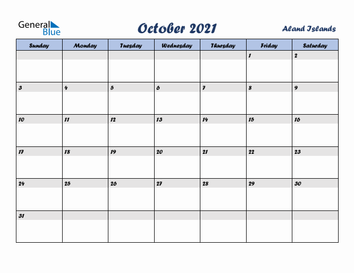October 2021 Calendar with Holidays in Aland Islands
