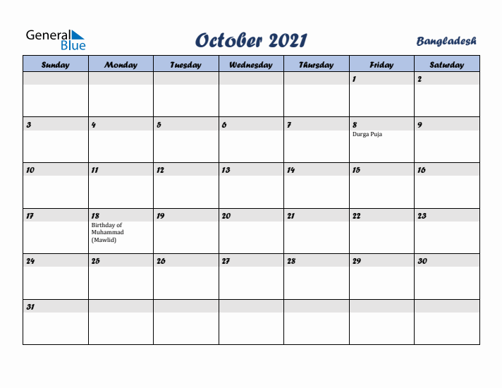 October 2021 Calendar with Holidays in Bangladesh