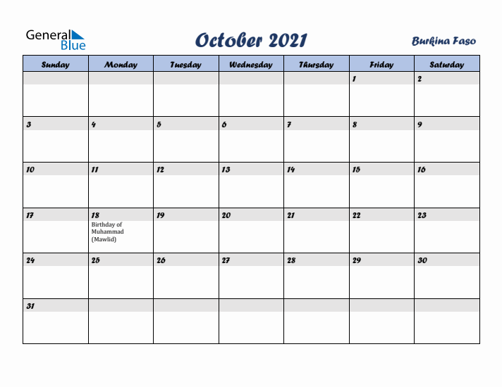 October 2021 Calendar with Holidays in Burkina Faso