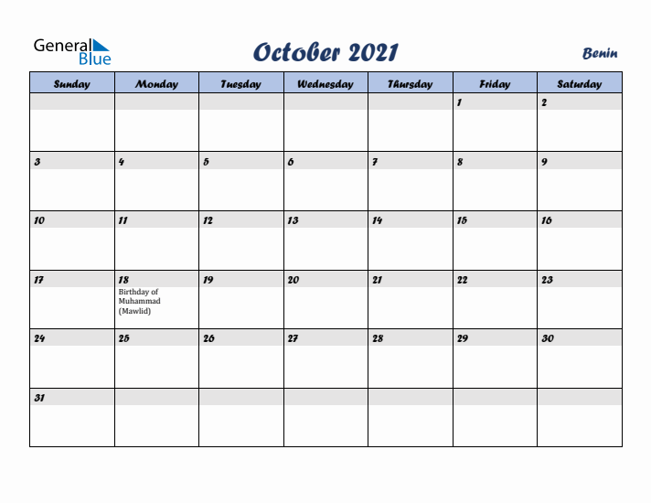 October 2021 Calendar with Holidays in Benin