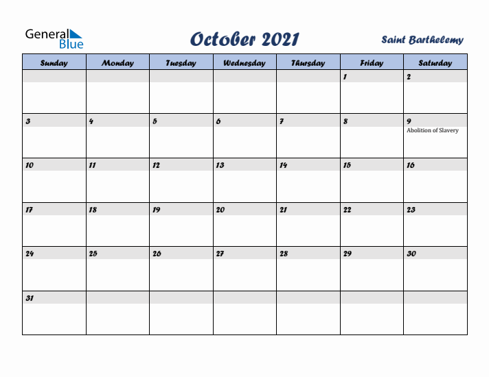 October 2021 Calendar with Holidays in Saint Barthelemy