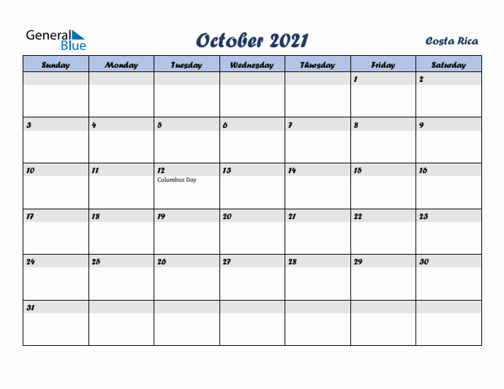 October 2021 Calendar with Holidays in Costa Rica
