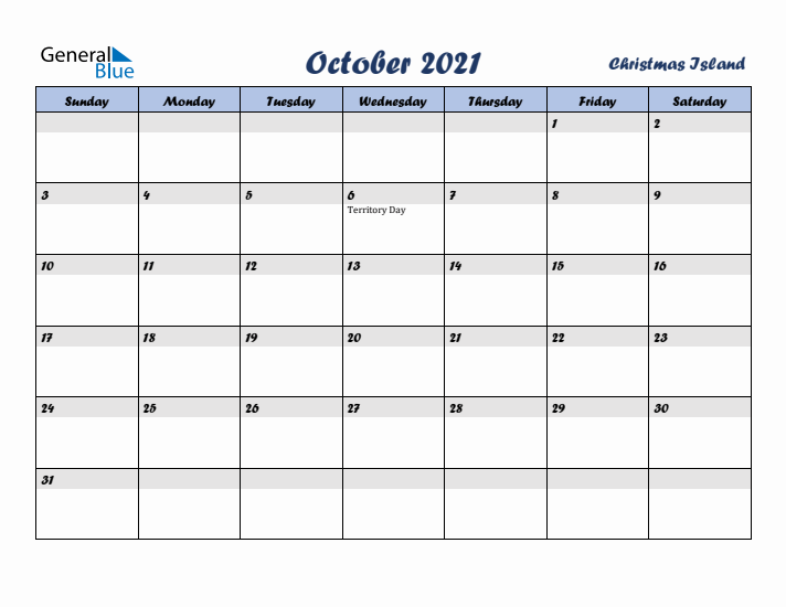 October 2021 Calendar with Holidays in Christmas Island
