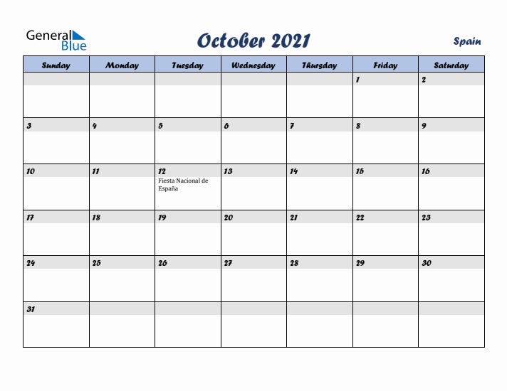 October 2021 Calendar with Holidays in Spain