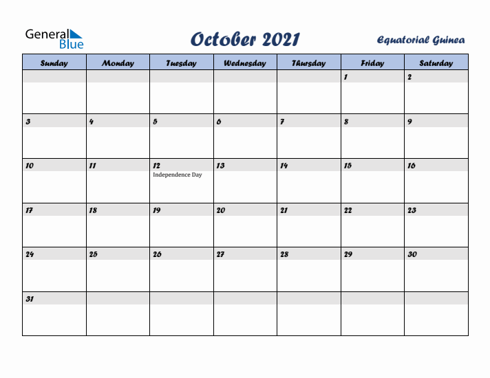 October 2021 Calendar with Holidays in Equatorial Guinea