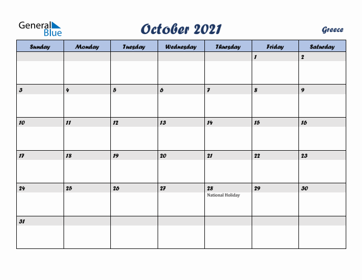 October 2021 Calendar with Holidays in Greece