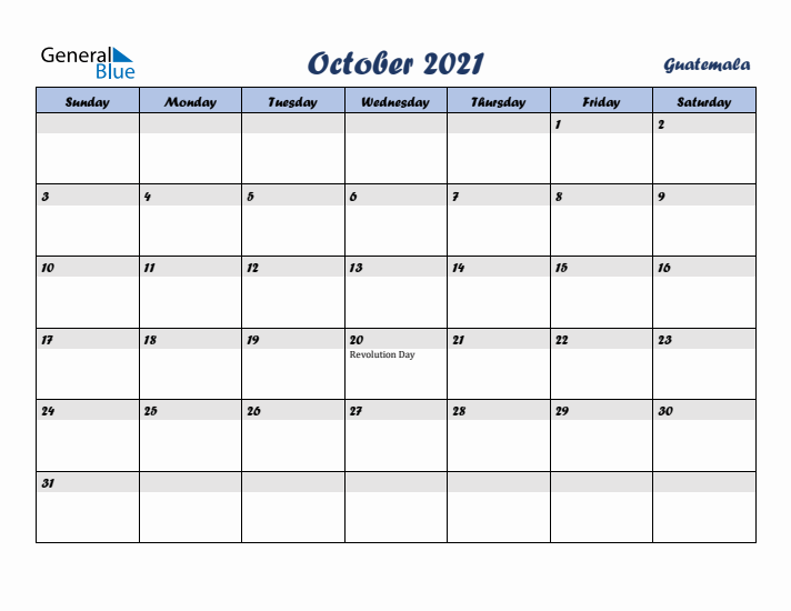 October 2021 Calendar with Holidays in Guatemala