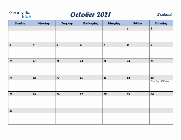 October 2021 Calendar with Holidays in Iceland