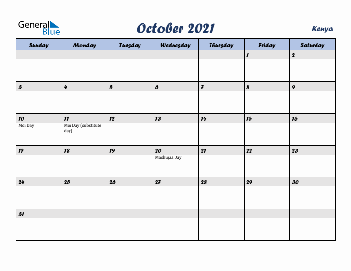 October 2021 Calendar with Holidays in Kenya