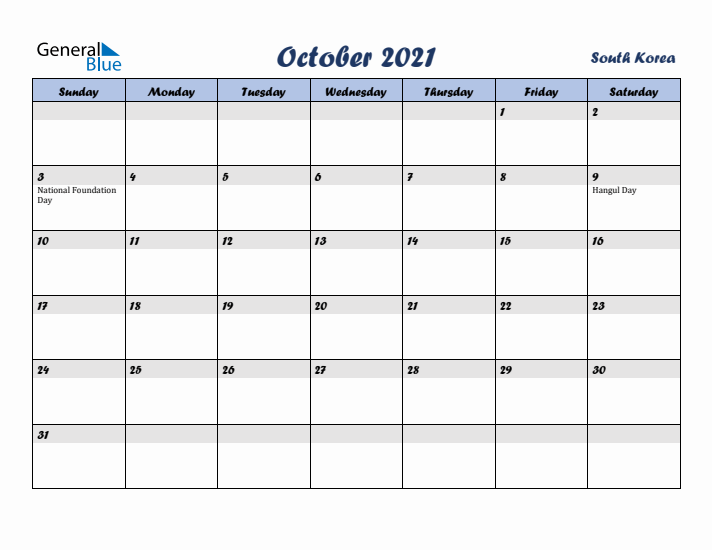 October 2021 Calendar with Holidays in South Korea