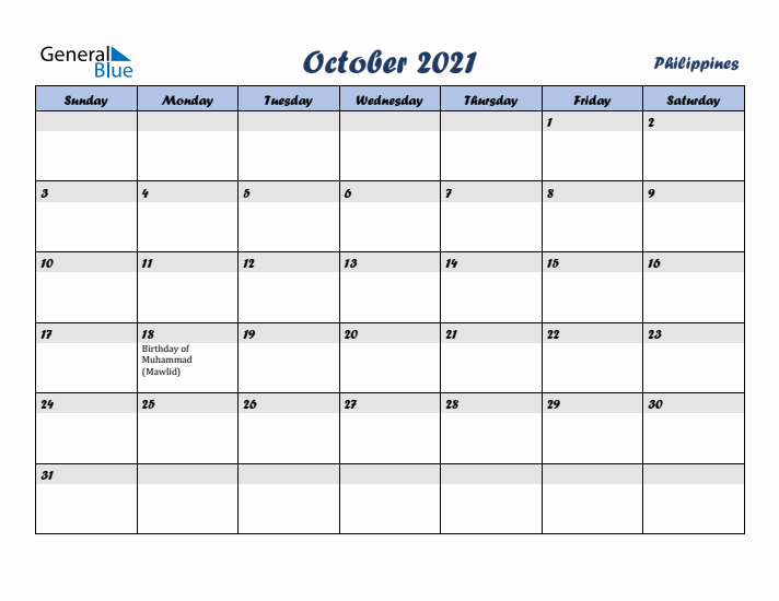 October 2021 Calendar with Holidays in Philippines