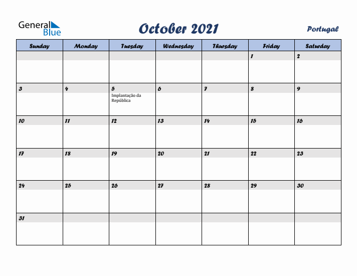 October 2021 Calendar with Holidays in Portugal