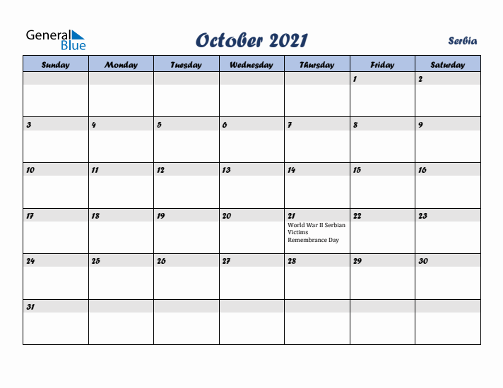 October 2021 Calendar with Holidays in Serbia