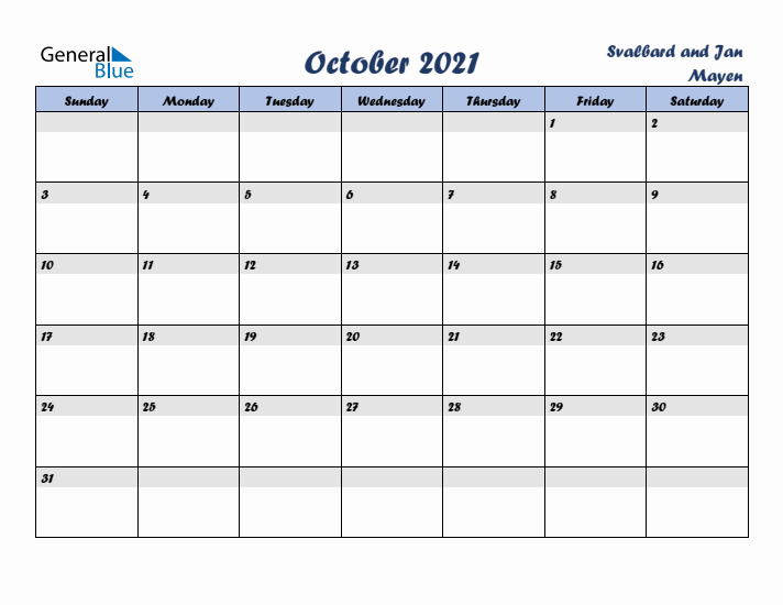October 2021 Calendar with Holidays in Svalbard and Jan Mayen