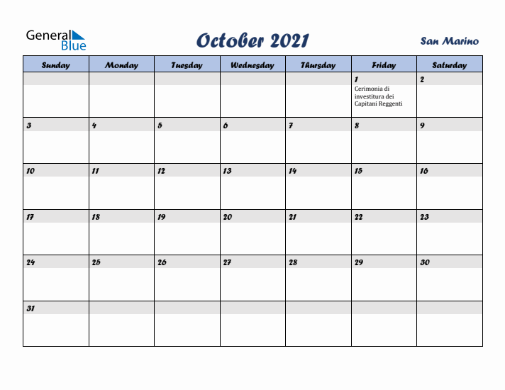 October 2021 Calendar with Holidays in San Marino