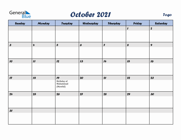 October 2021 Calendar with Holidays in Togo