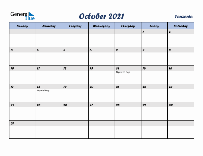 October 2021 Calendar with Holidays in Tanzania