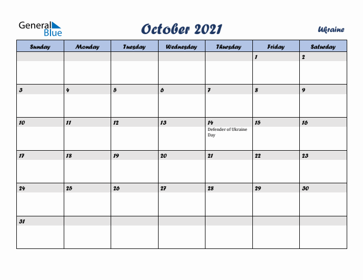 October 2021 Calendar with Holidays in Ukraine